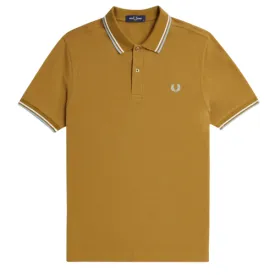 Fred Perry Dark Caramel Polo with White and Silver Blue Twin Tipping