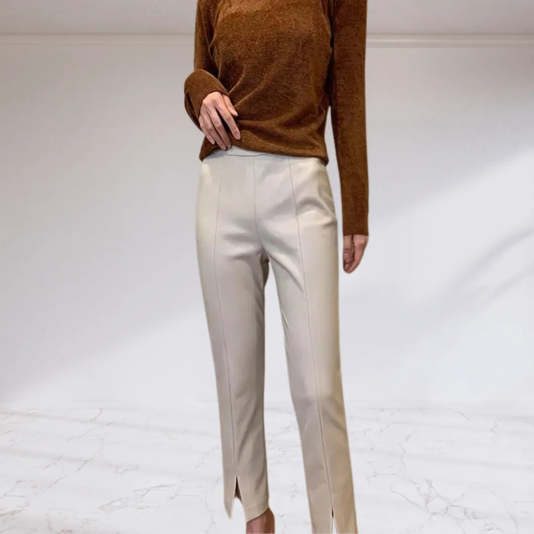 Front Slit Leather Skinny Ankle Pants