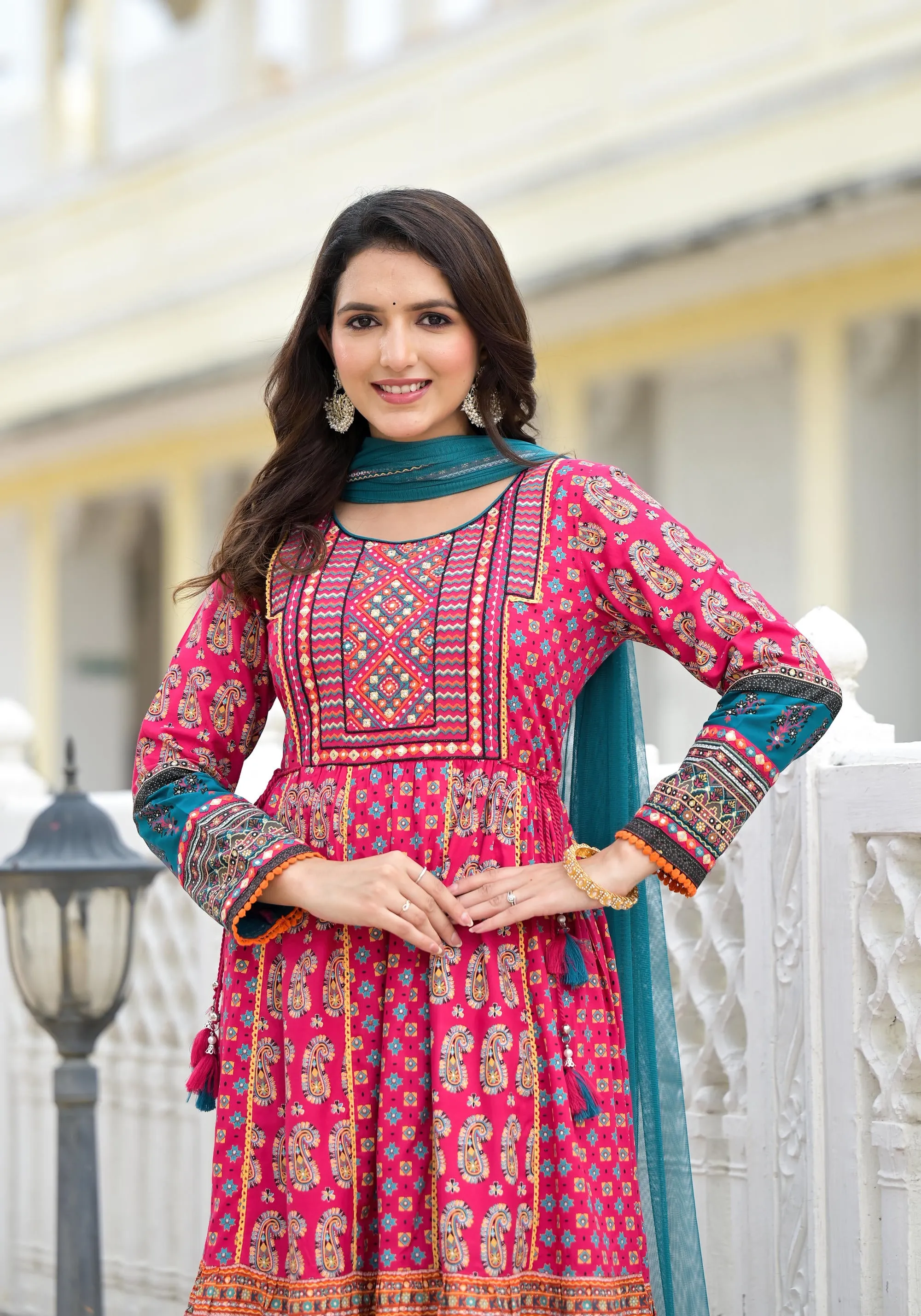 Fuchsia Ethnic Motif Printed Rayon Kurta Palazzo With Dupatta Set With Thread & Mirror Work