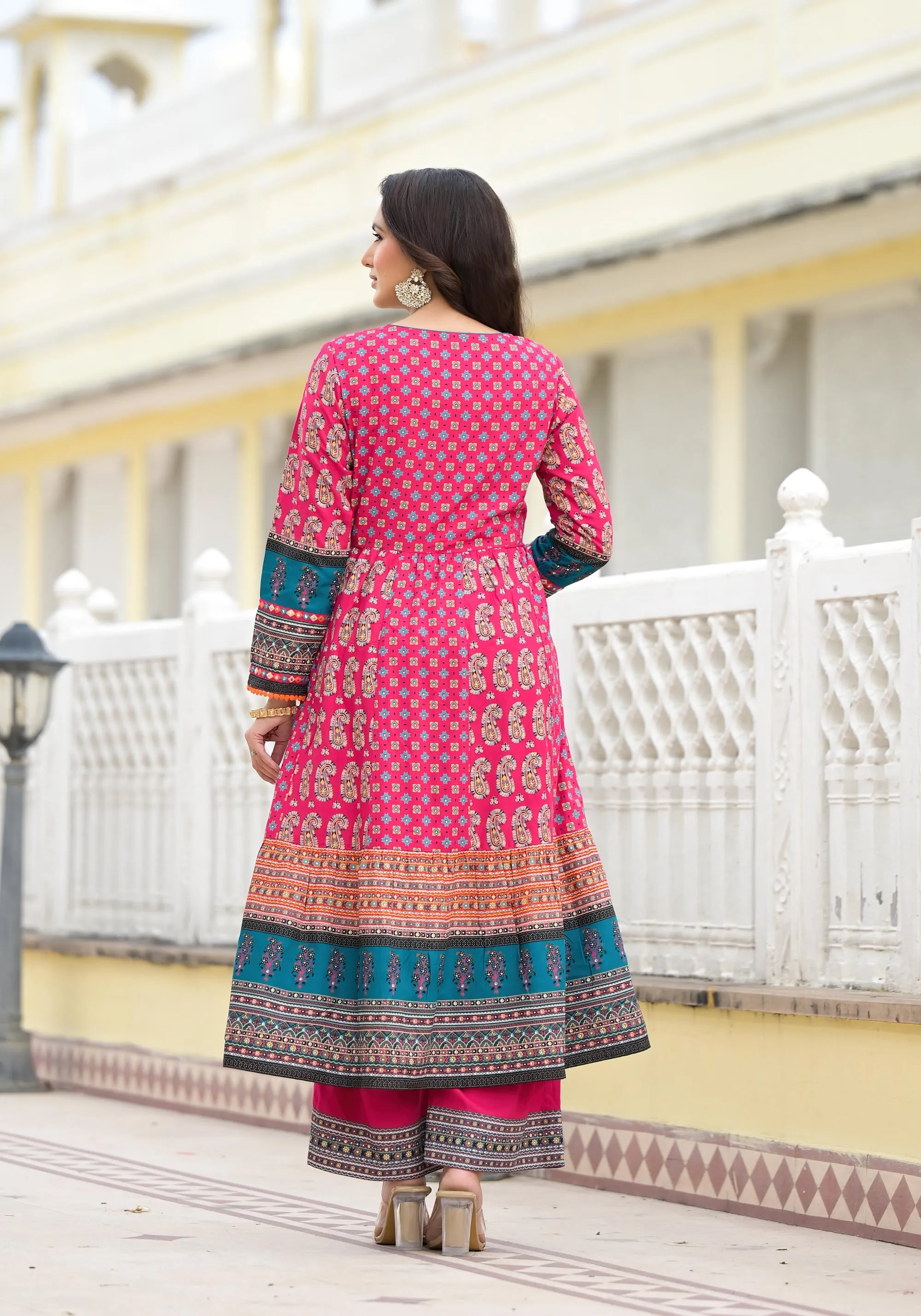 Fuchsia Ethnic Motif Printed Rayon Kurta Palazzo With Dupatta Set With Thread & Mirror Work