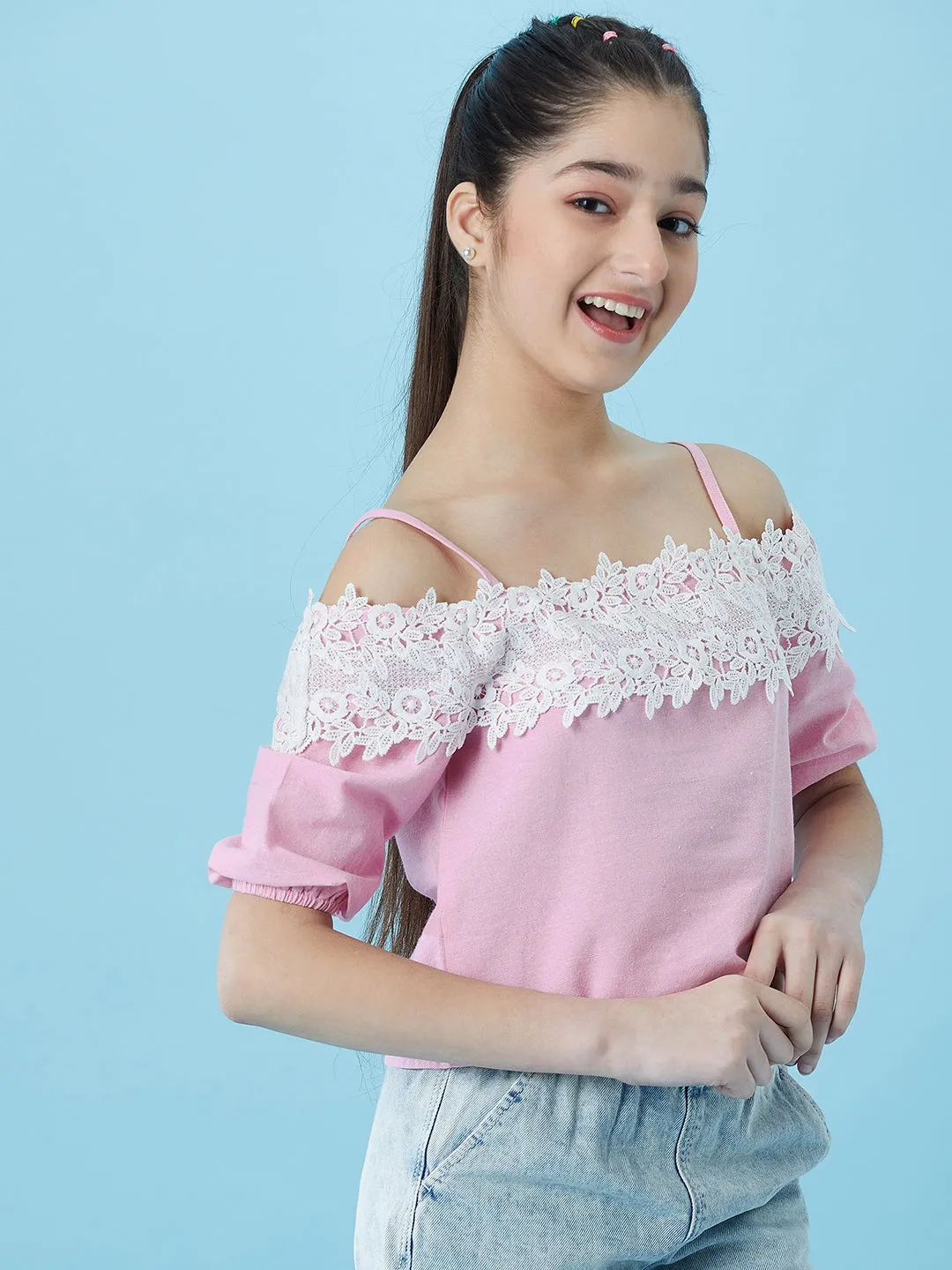 Girls Cold-Shoulder Sleeves Cotton Crop Top