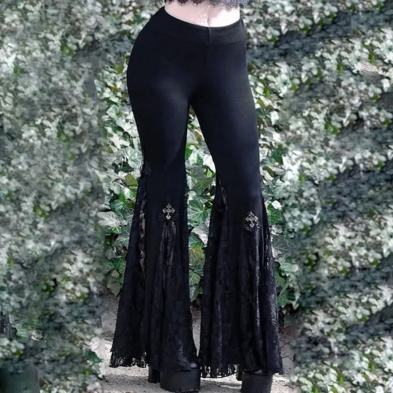 Gothic Black Lace Patchwork High Waist Flare Pant