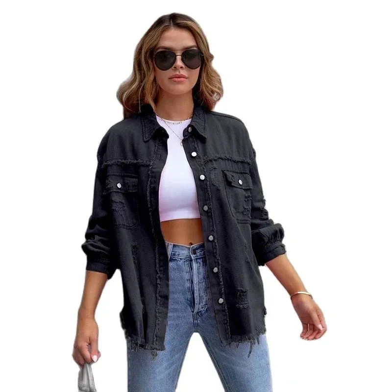 Holes Raw-edges Denim Jacket Women Casual Top Outerwear Jacket