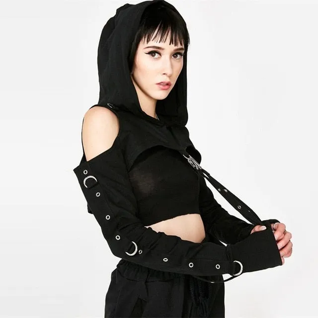 Hollow Crop Top Off Shoulder Hooded Long Sleeve