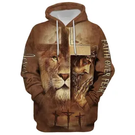 Jesus Lion Faith Over Fear Hoodie - Men & Women Christian Hoodie - 3D Printed Hoodie