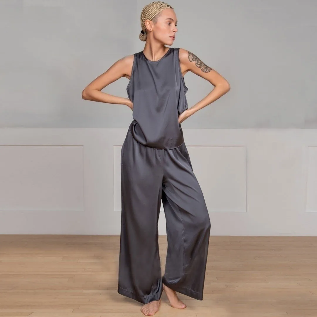 Leisure Split Back Tank Top Wide Leg Pajamas Matching Set - Dark Gray