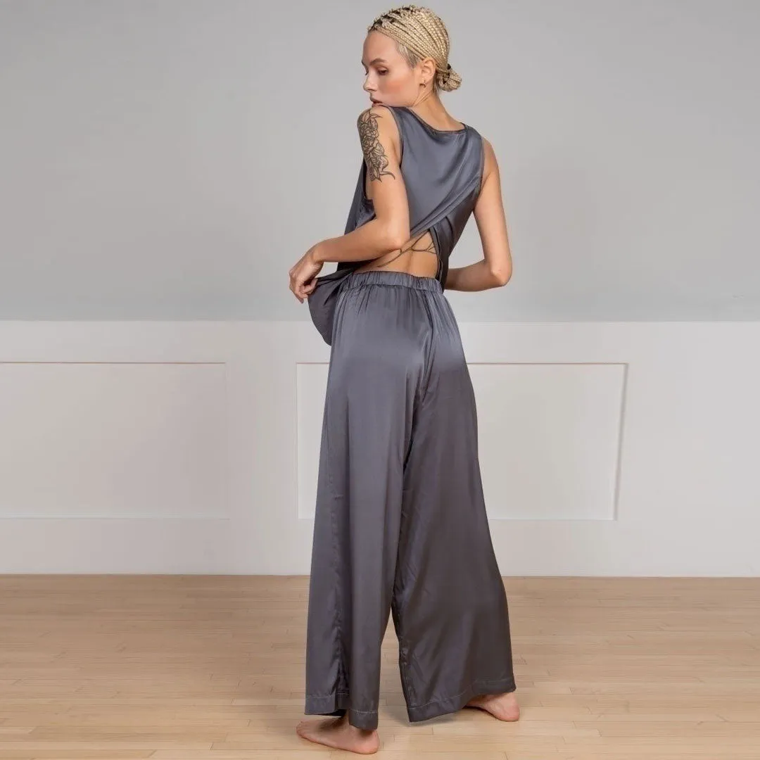 Leisure Split Back Tank Top Wide Leg Pajamas Matching Set - Dark Gray