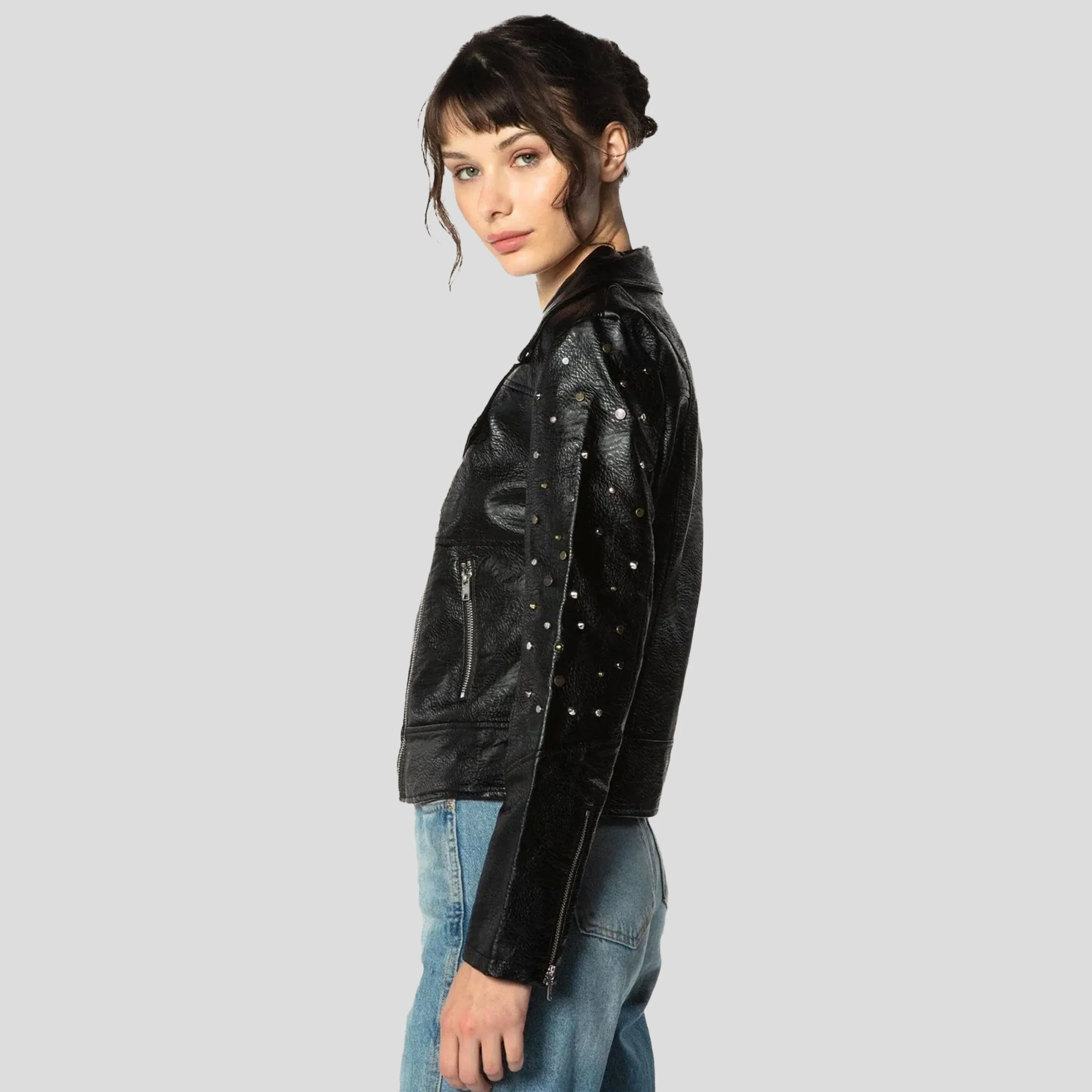 Members Only Women's Faux Leather Studded Biker Jacket