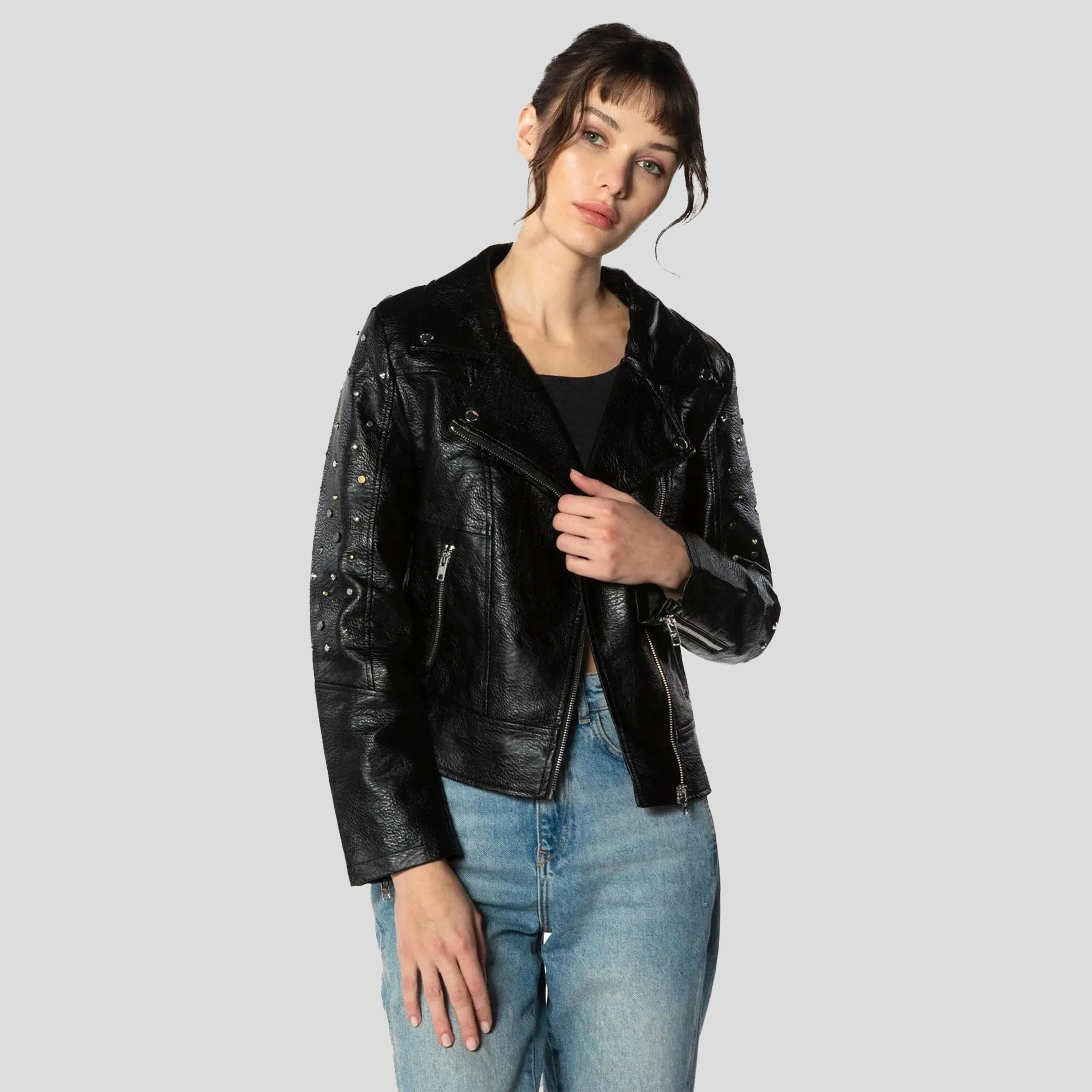 Members Only Women's Faux Leather Studded Biker Jacket