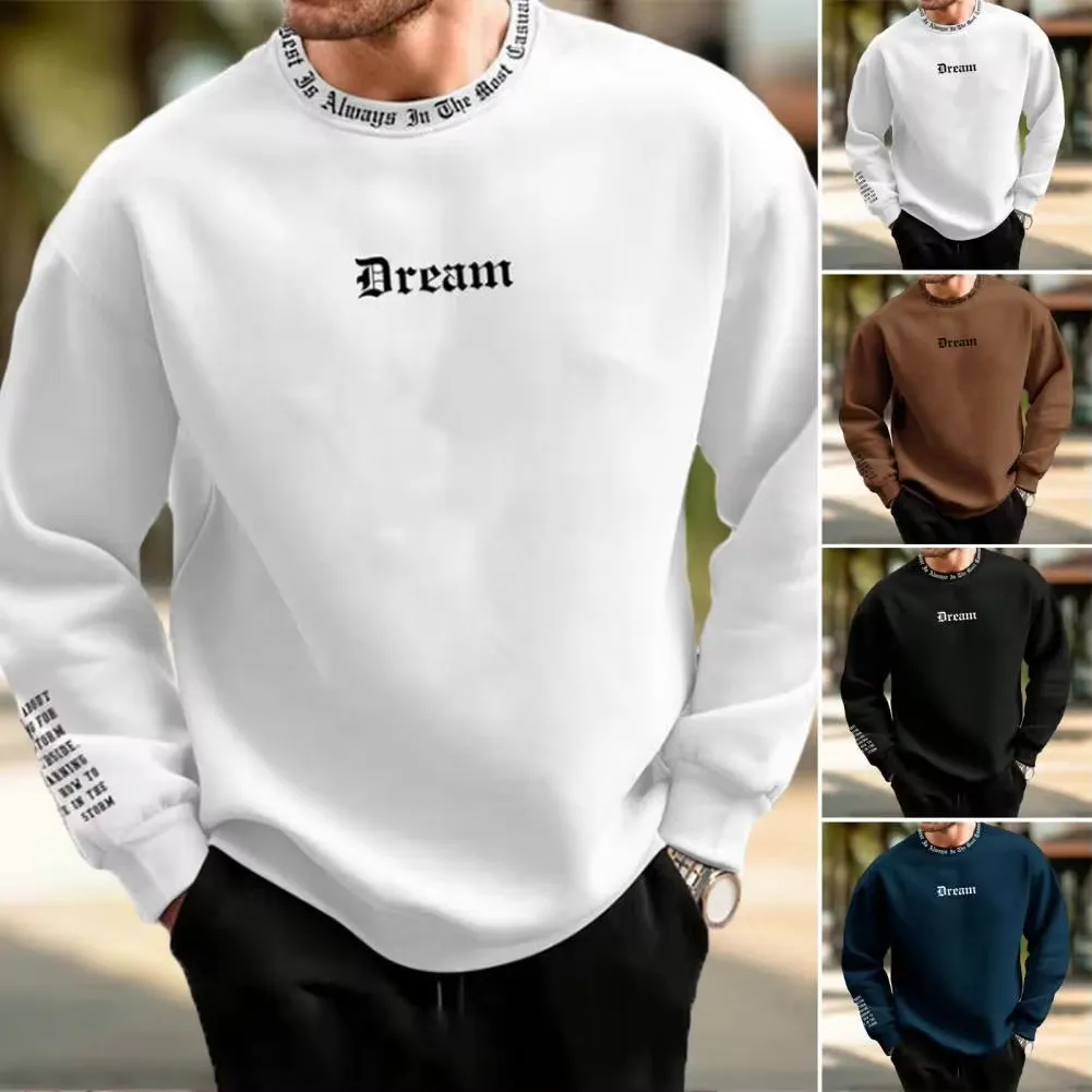 Men Fall Winter Sweatshirt round Neck Long Sleeve Men Top Letter Print Thick Loose Warm Mid Length Men Casual Top