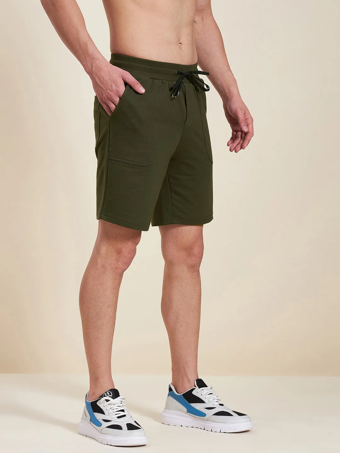 Men Olive Overlock Detail Bermuda Shorts