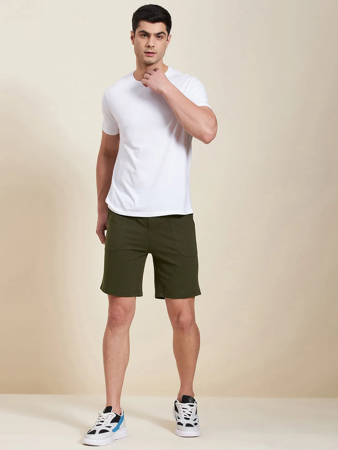 Men Olive Overlock Detail Bermuda Shorts