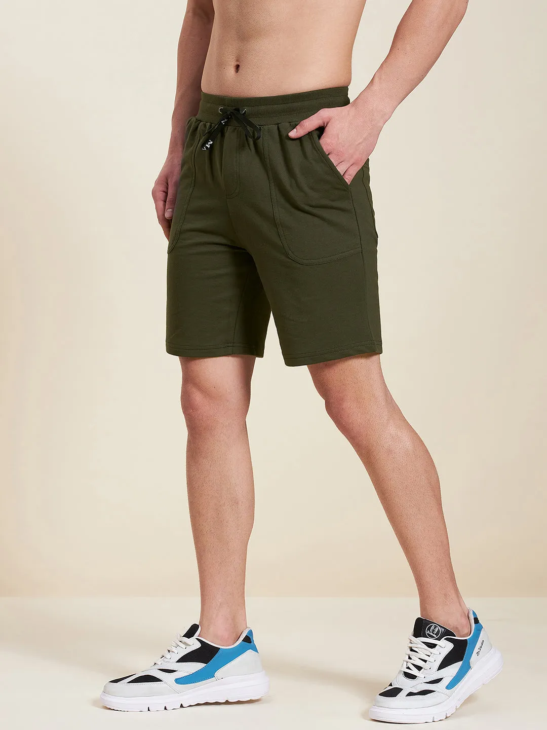 Men Olive Overlock Detail Bermuda Shorts