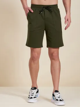 Men Olive Overlock Detail Bermuda Shorts