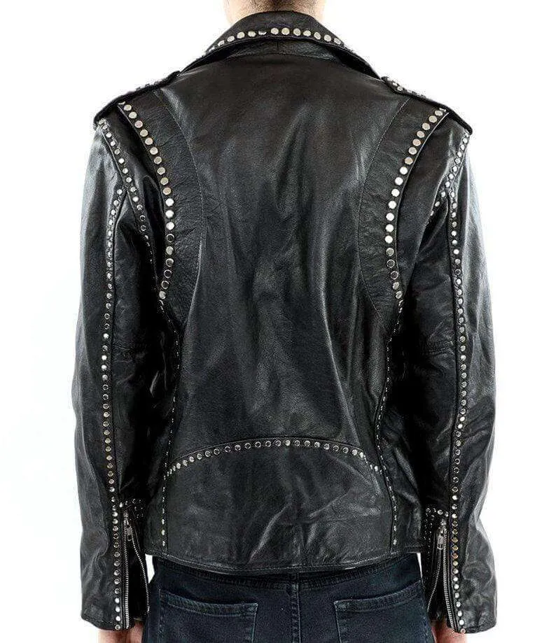 Men Silver Studded Jacket Black Punk Silver Spiked Leather Belted Biker Jacket