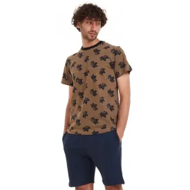 Men summer pajama set Black leaves t-shirt  Dark blue shorts