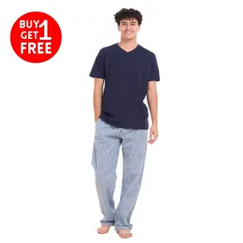 Men summer pajama set Dark blue T-shirt  Dark Blue x White Checkered Pants