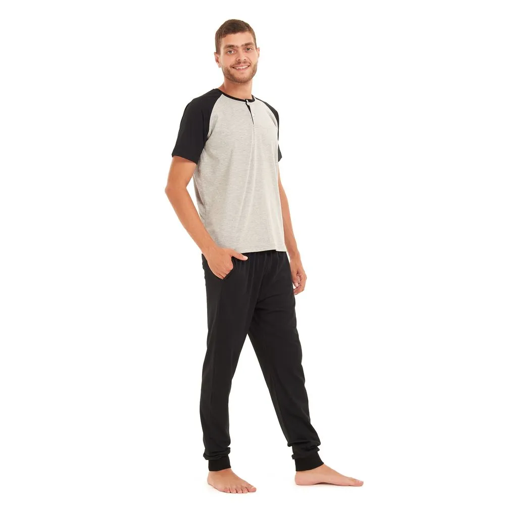 Men summer pajama set Grey t-shirt  Black Pants