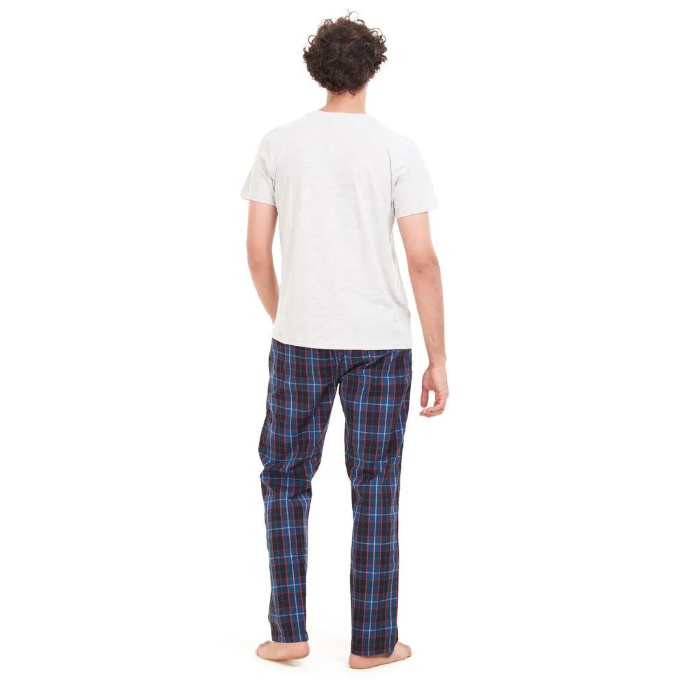 Men summer pajama set Grey T-shirt   Dark Blue x Indigo Checkered pants