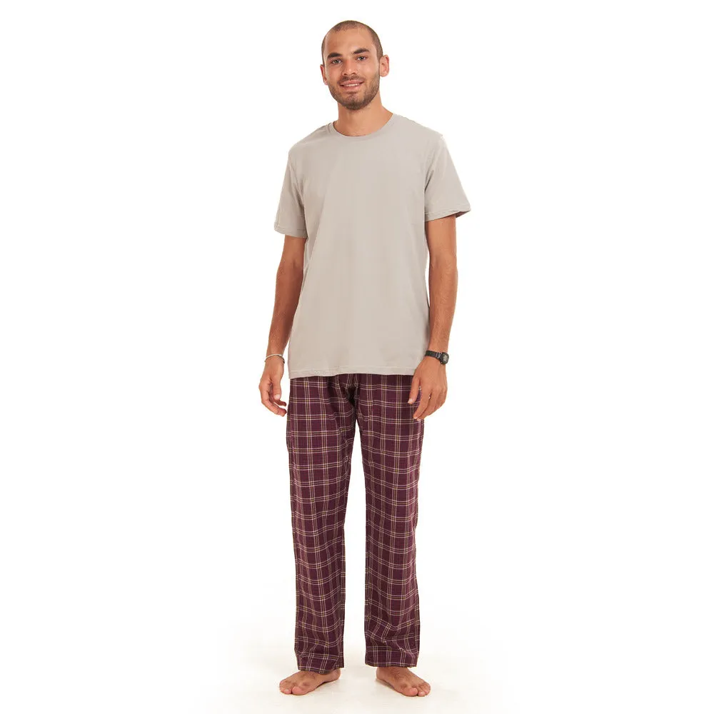 Men summer pajama set  Grey T-shirt  Maroon Checkered pants