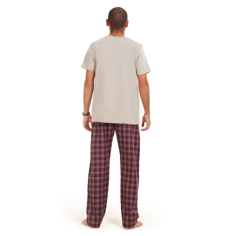 Men summer pajama set  Grey T-shirt  Maroon Checkered pants