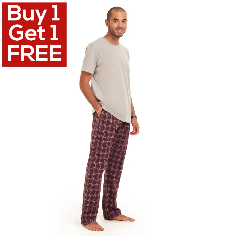 Men summer pajama set  Grey T-shirt  Maroon Checkered pants