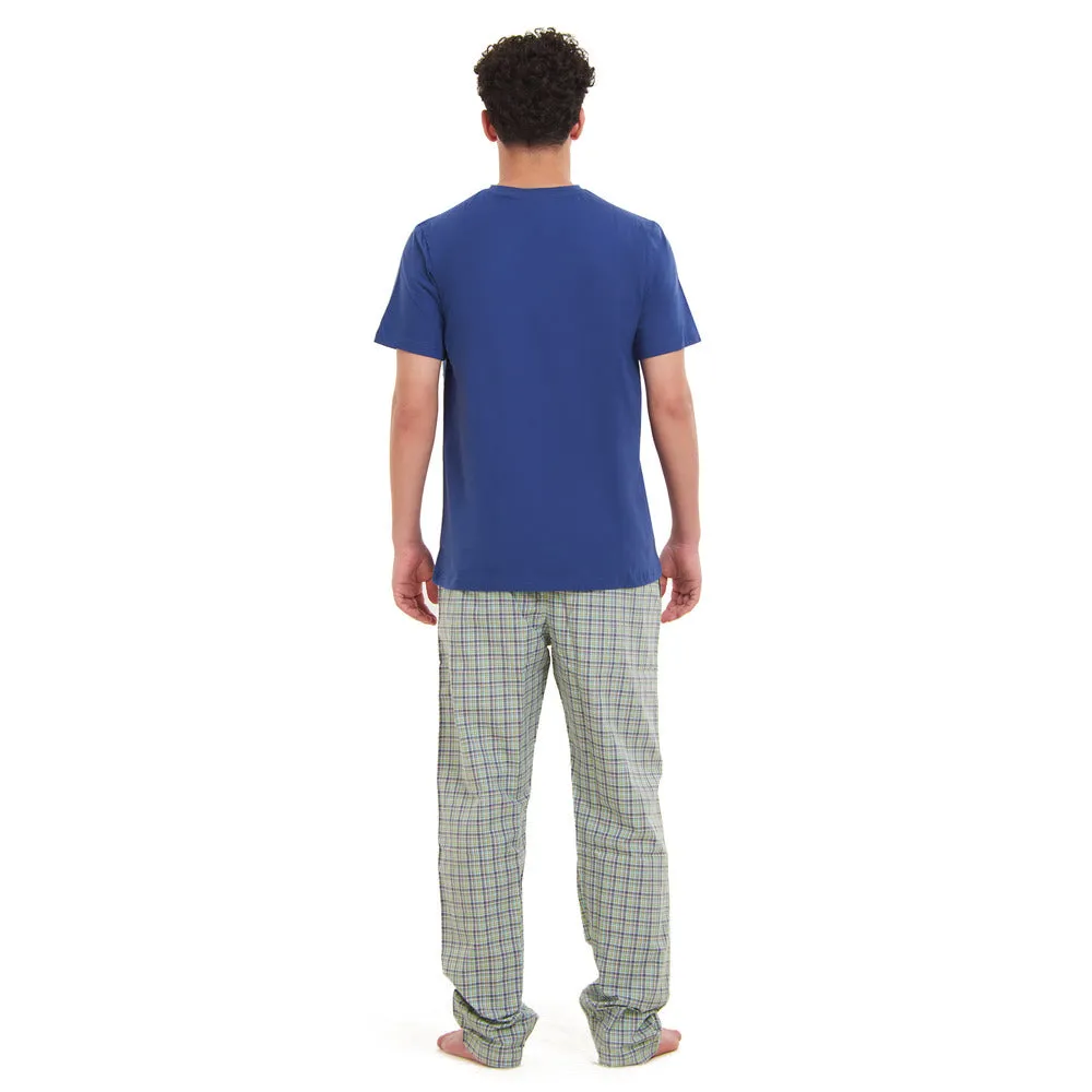 Men summer pajama set  Indigo T-shirt   Olive x Indigo Checkered Pants