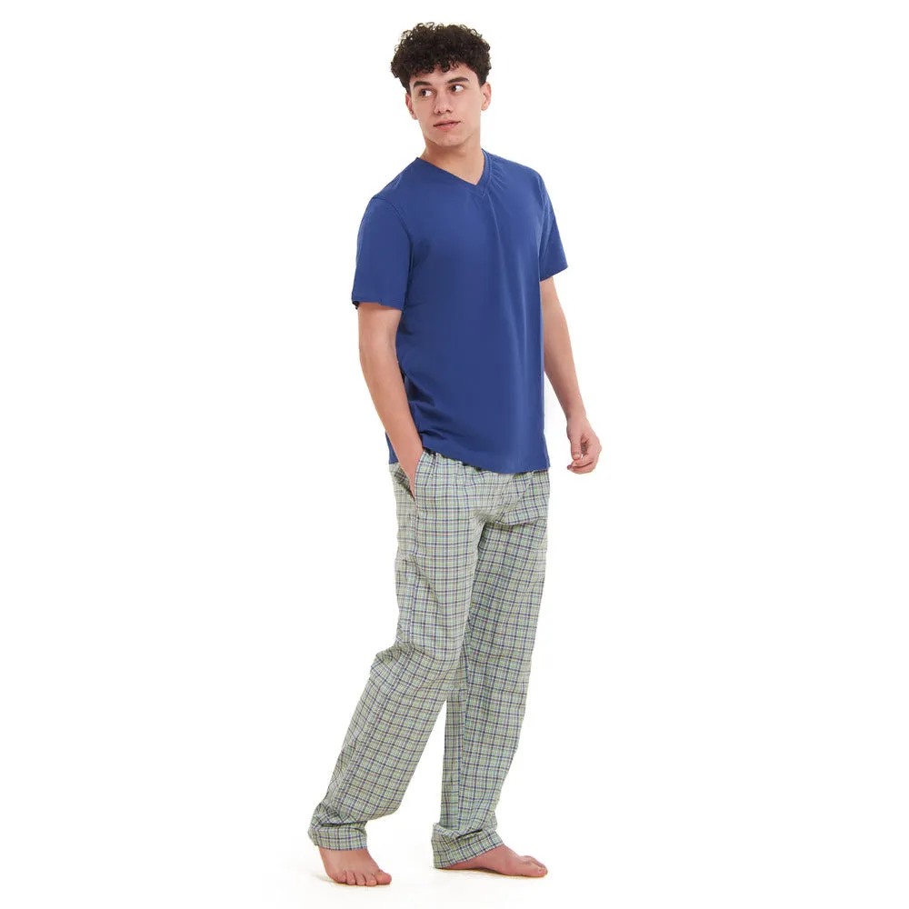 Men summer pajama set  Indigo T-shirt   Olive x Indigo Checkered Pants