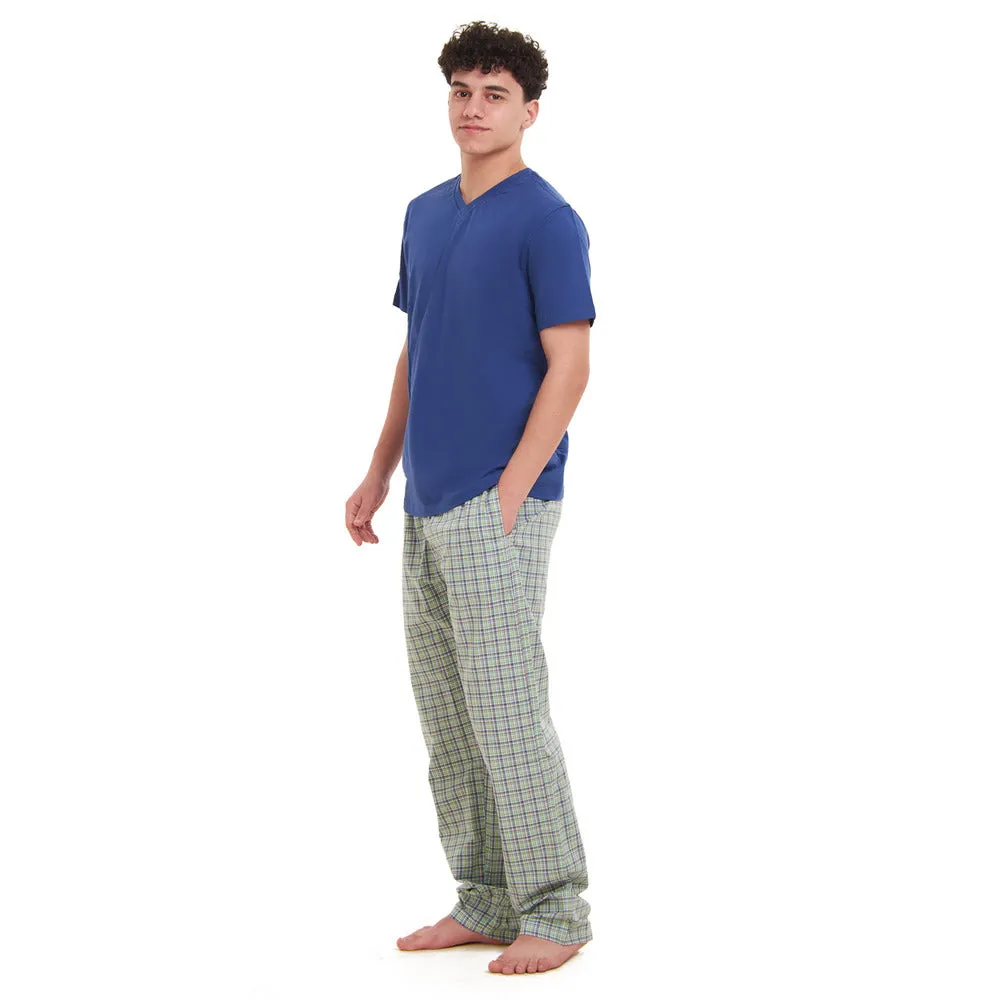 Men summer pajama set  Indigo T-shirt   Olive x Indigo Checkered Pants