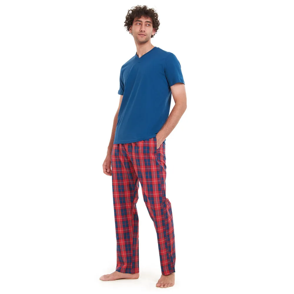 Men summer pajama set Indigo T-shirt    Red x Indigo Checkered pants