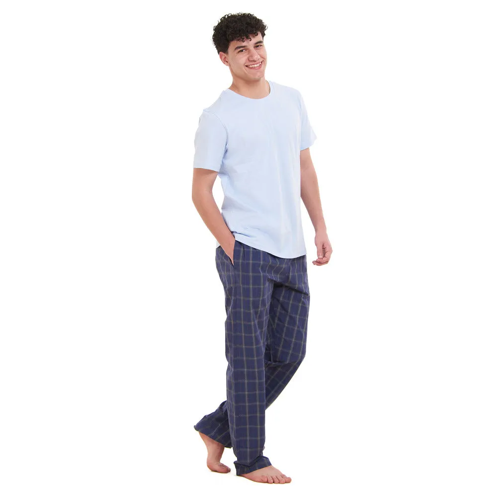 Men summer pajama set  Light Blue T-shirt   Dark Blue x Grey Checkered Pants