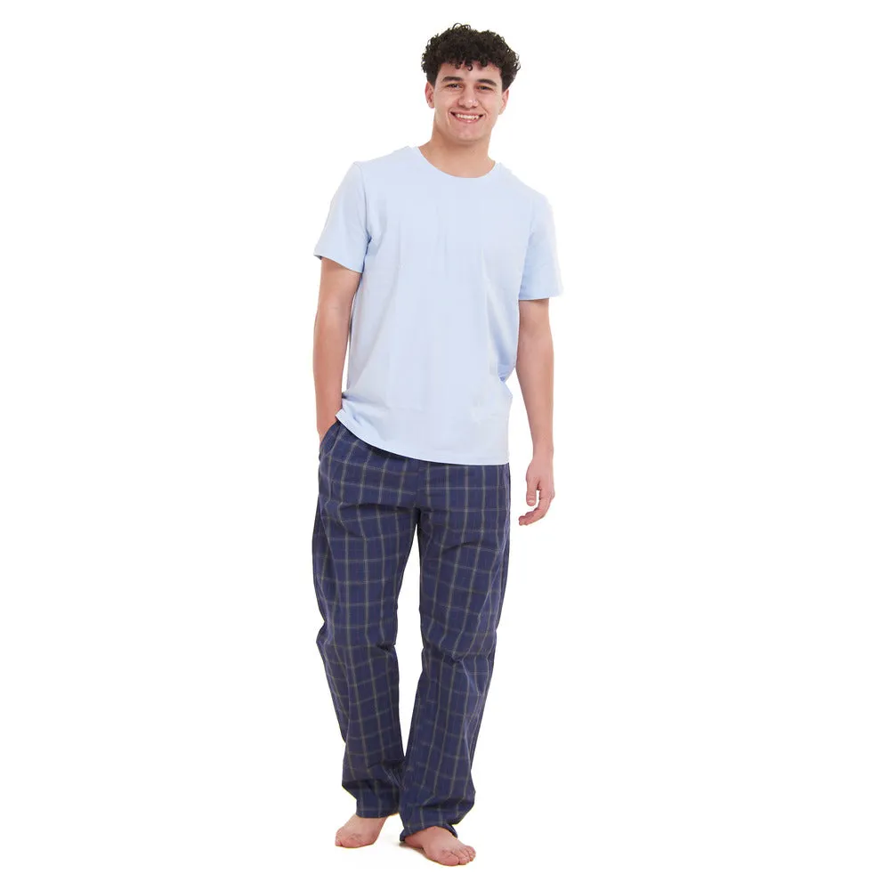 Men summer pajama set  Light Blue T-shirt   Dark Blue x Grey Checkered Pants