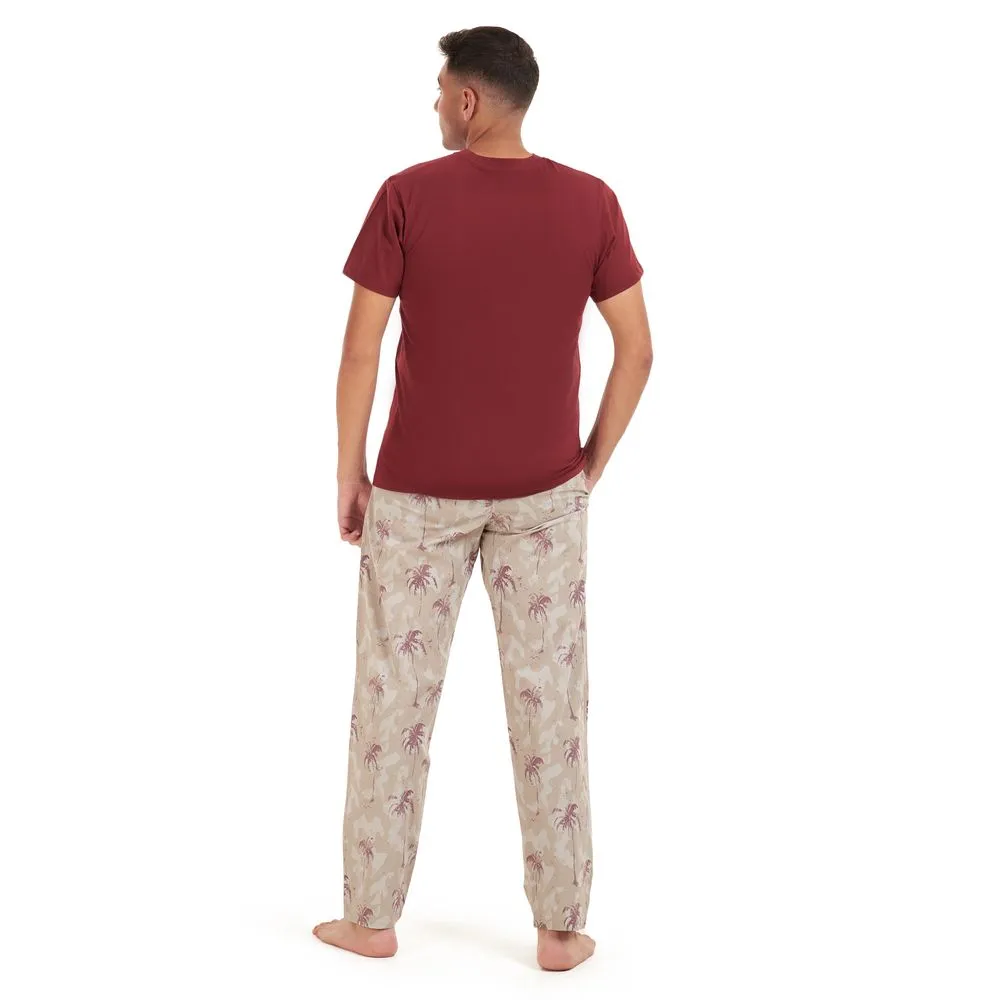 Men summer pajama set Maroon t-shirt  Maroon palm Pants