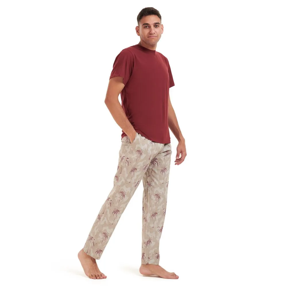 Men summer pajama set Maroon t-shirt  Maroon palm Pants