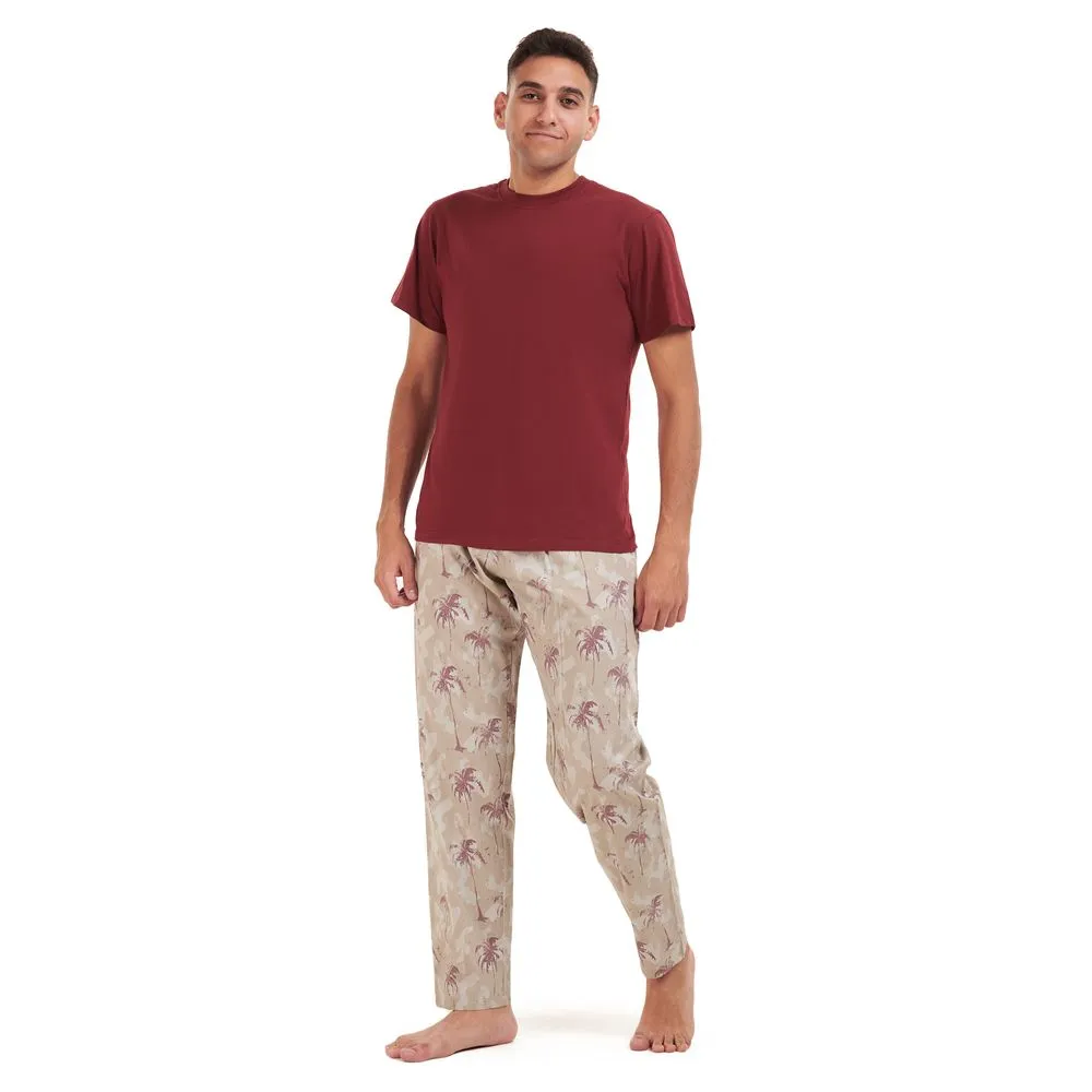 Men summer pajama set Maroon t-shirt  Maroon palm Pants