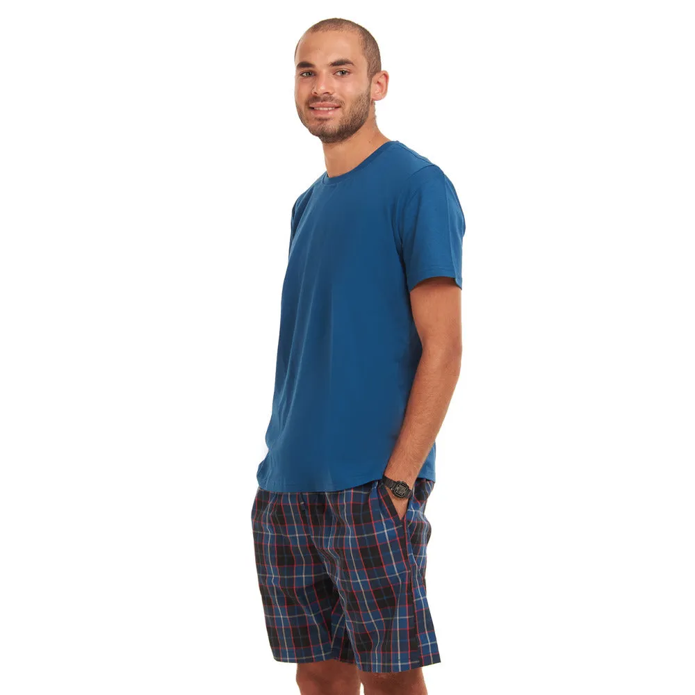 Men summer pajama set Navy T-shirt   Dark Blue x Indigo Checkered shorts