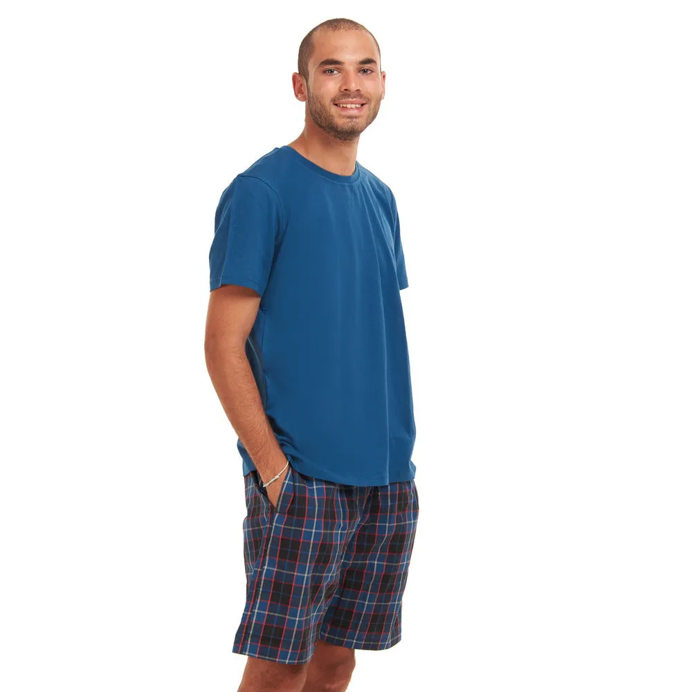 Men summer pajama set Navy T-shirt   Dark Blue x Indigo Checkered shorts