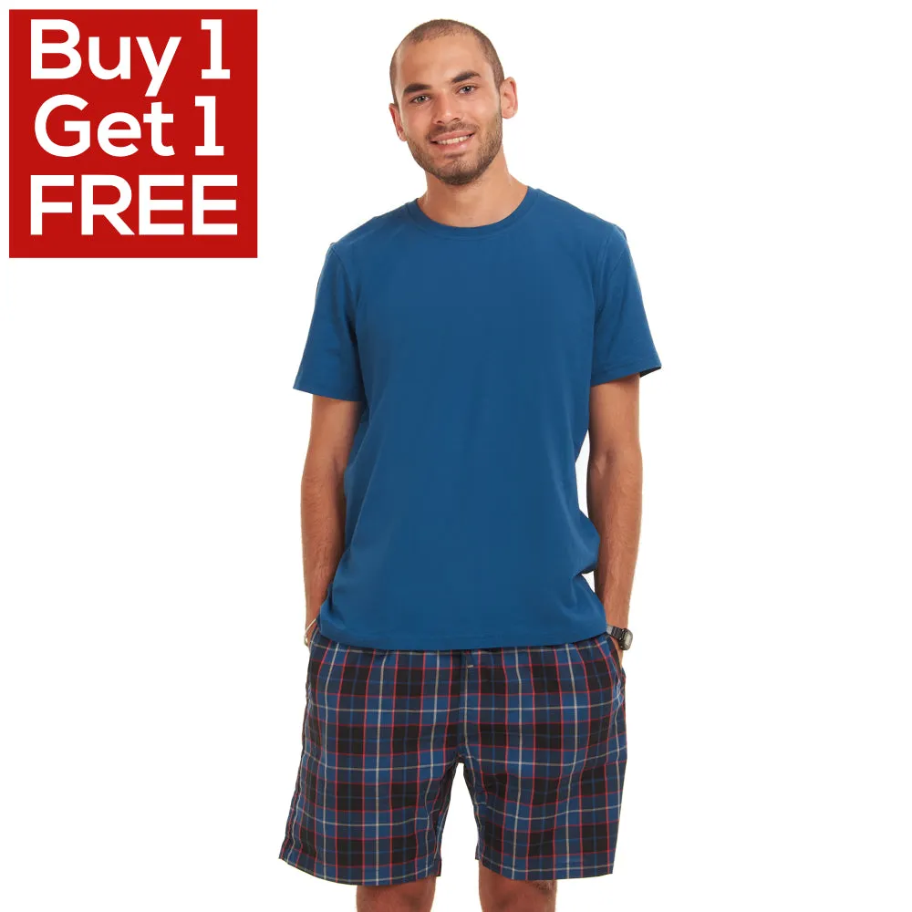 Men summer pajama set Navy T-shirt   Dark Blue x Indigo Checkered shorts