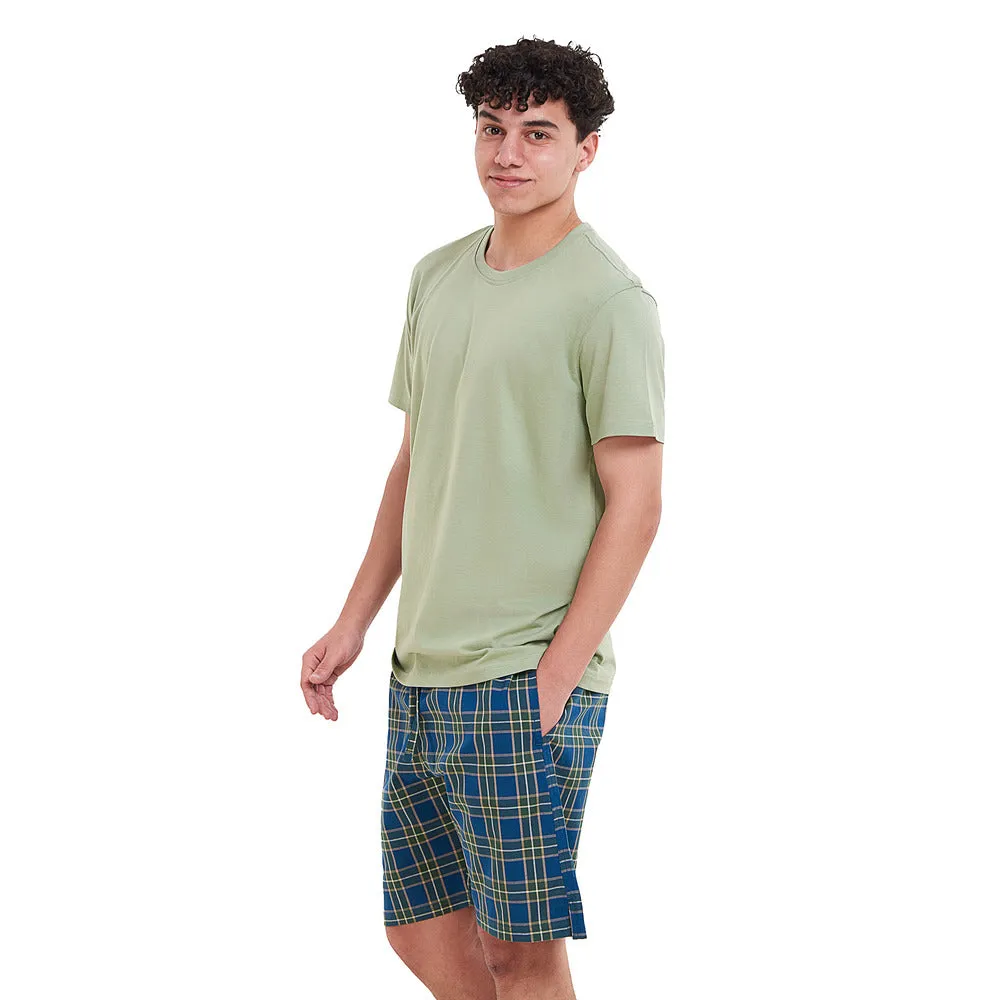 Men summer pajama set  Pistachio T-shirt   Olive x Pertroleum checkered  shorts