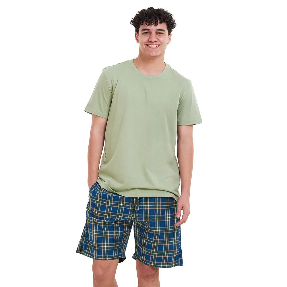 Men summer pajama set  Pistachio T-shirt   Olive x Pertroleum checkered  shorts