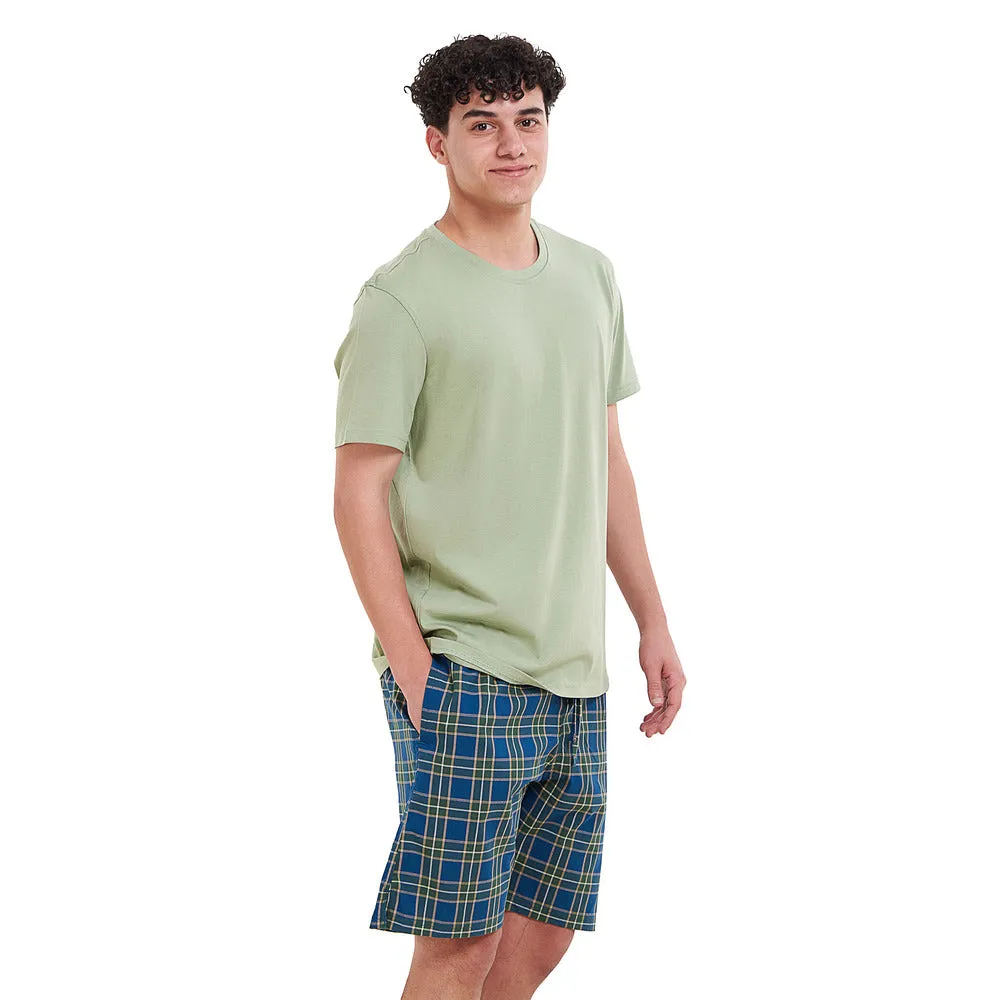 Men summer pajama set  Pistachio T-shirt   Olive x Pertroleum checkered  shorts