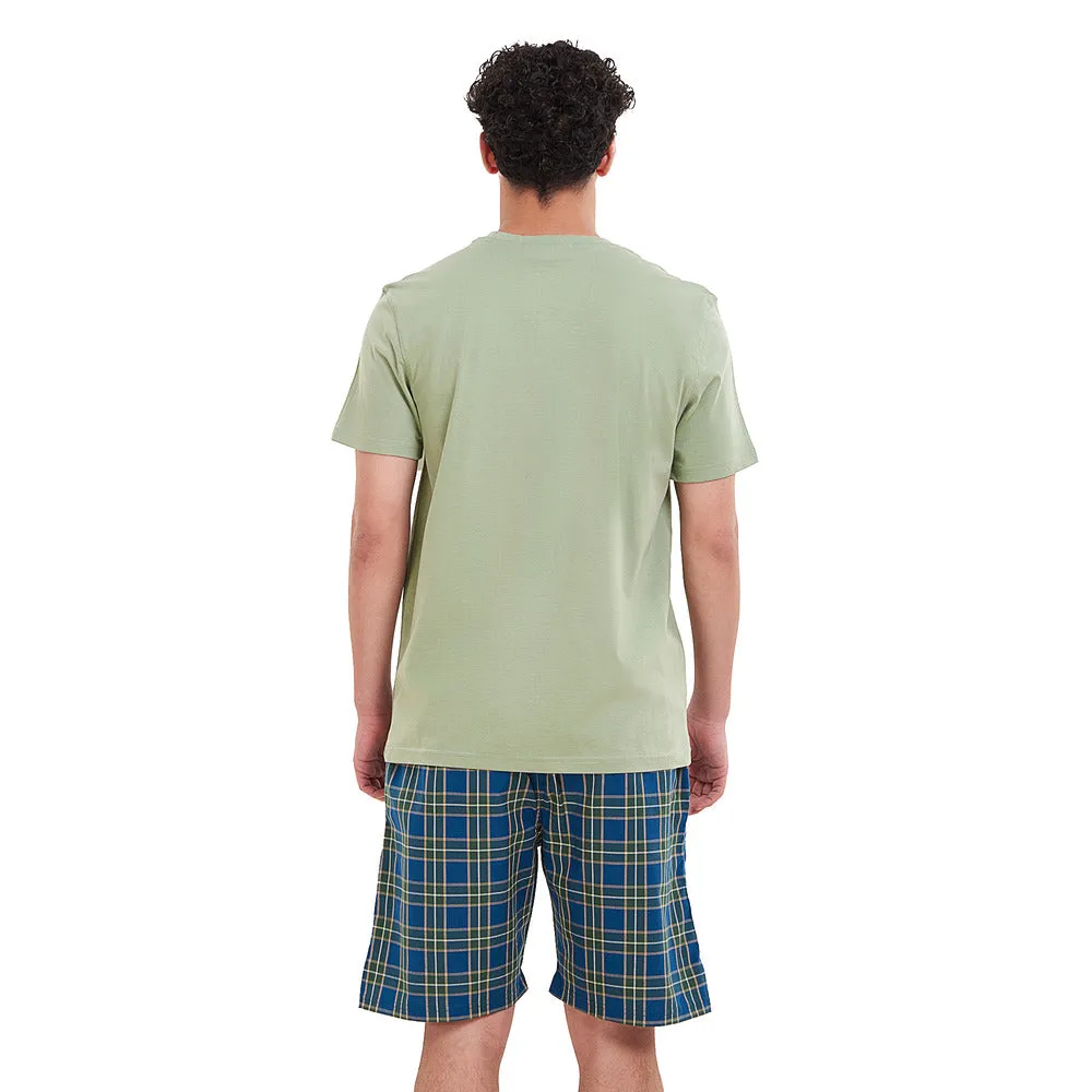 Men summer pajama set  Pistachio T-shirt   Olive x Pertroleum checkered  shorts