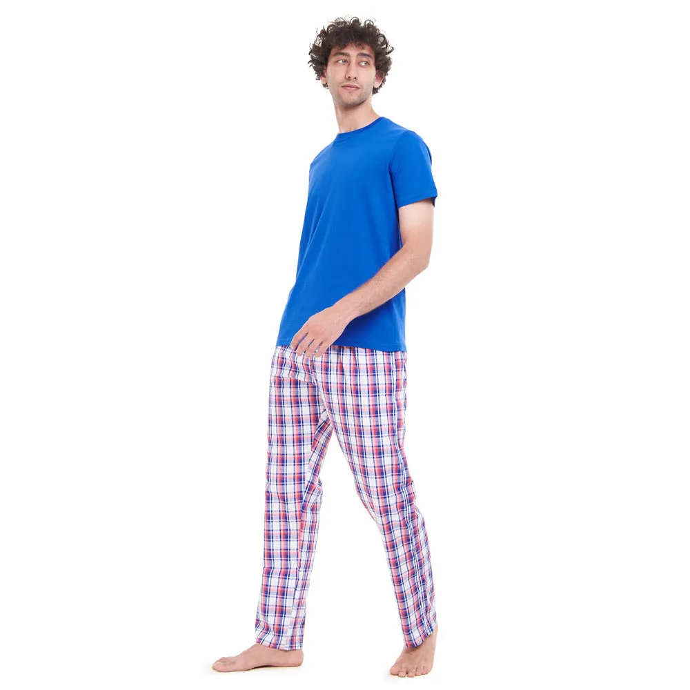 Men summer pajama set Royal Blue T-shirt   Blue x Red Checkered pants