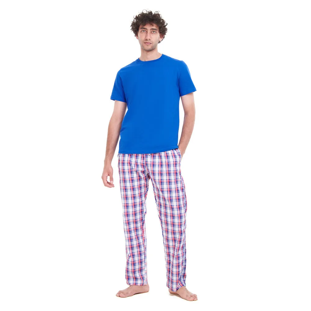 Men summer pajama set Royal Blue T-shirt   Blue x Red Checkered pants