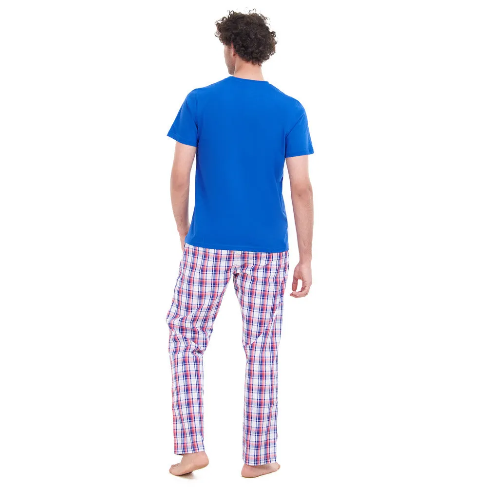 Men summer pajama set Royal Blue T-shirt   Blue x Red Checkered pants