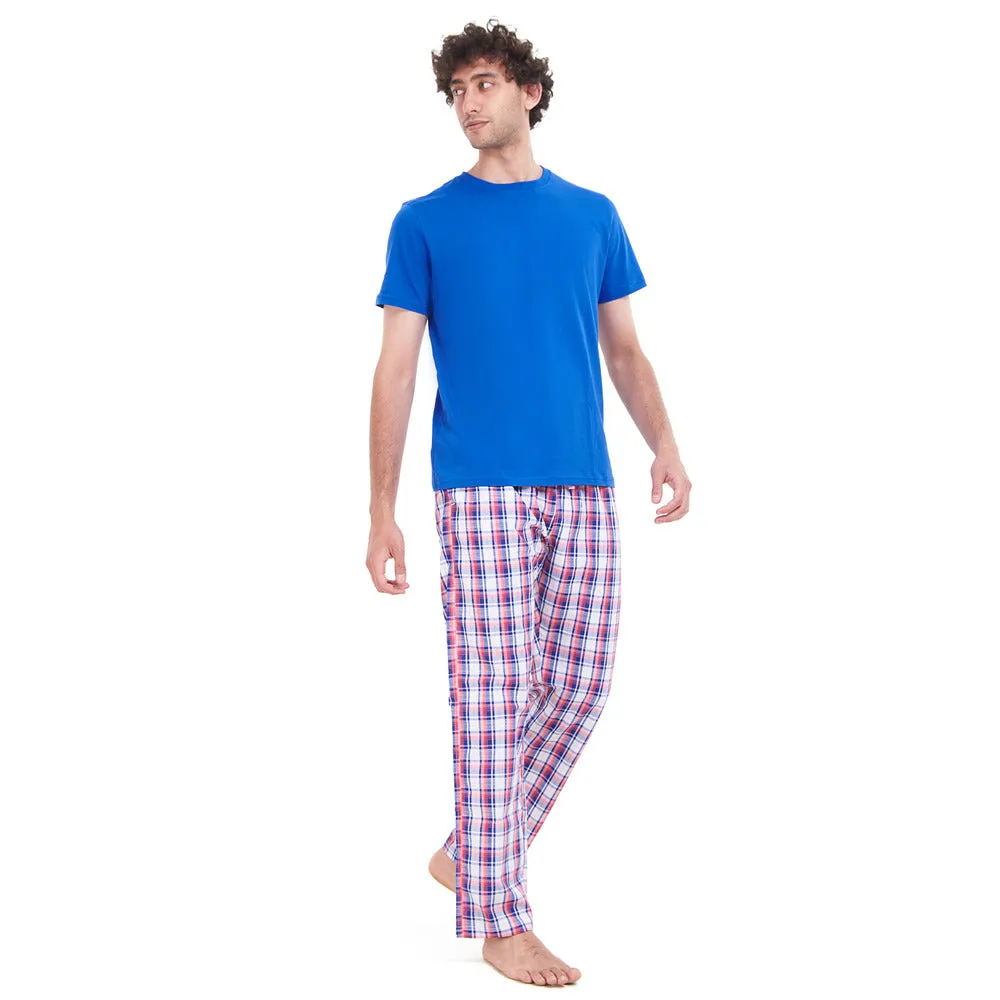 Men summer pajama set Royal Blue T-shirt   Blue x Red Checkered pants