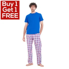 Men summer pajama set Royal Blue T-shirt   Blue x Red Checkered pants