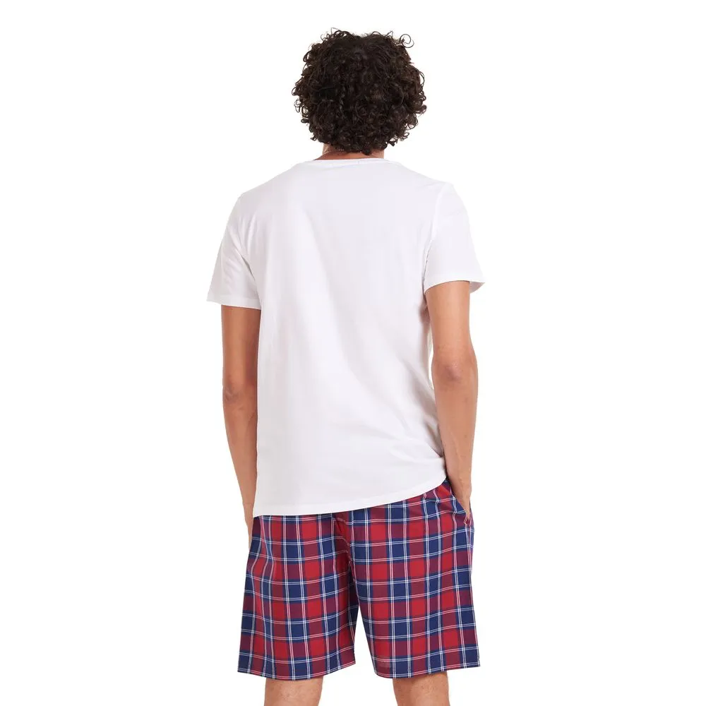 Men summer pajama set White T-shirt  Red checkered shorts