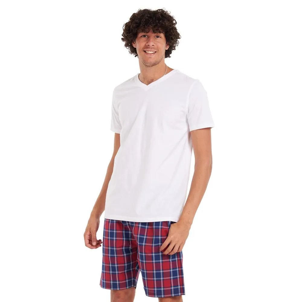 Men summer pajama set White T-shirt  Red checkered shorts