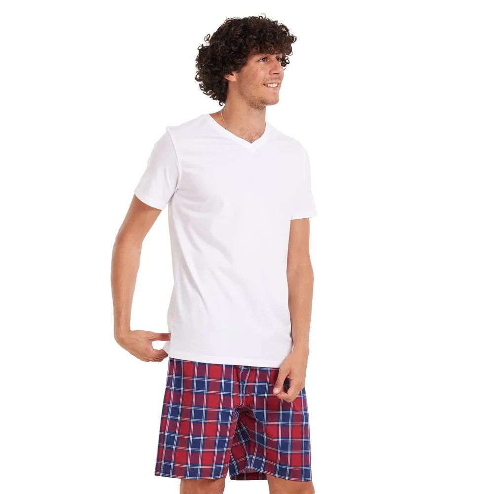 Men summer pajama set White T-shirt  Red checkered shorts